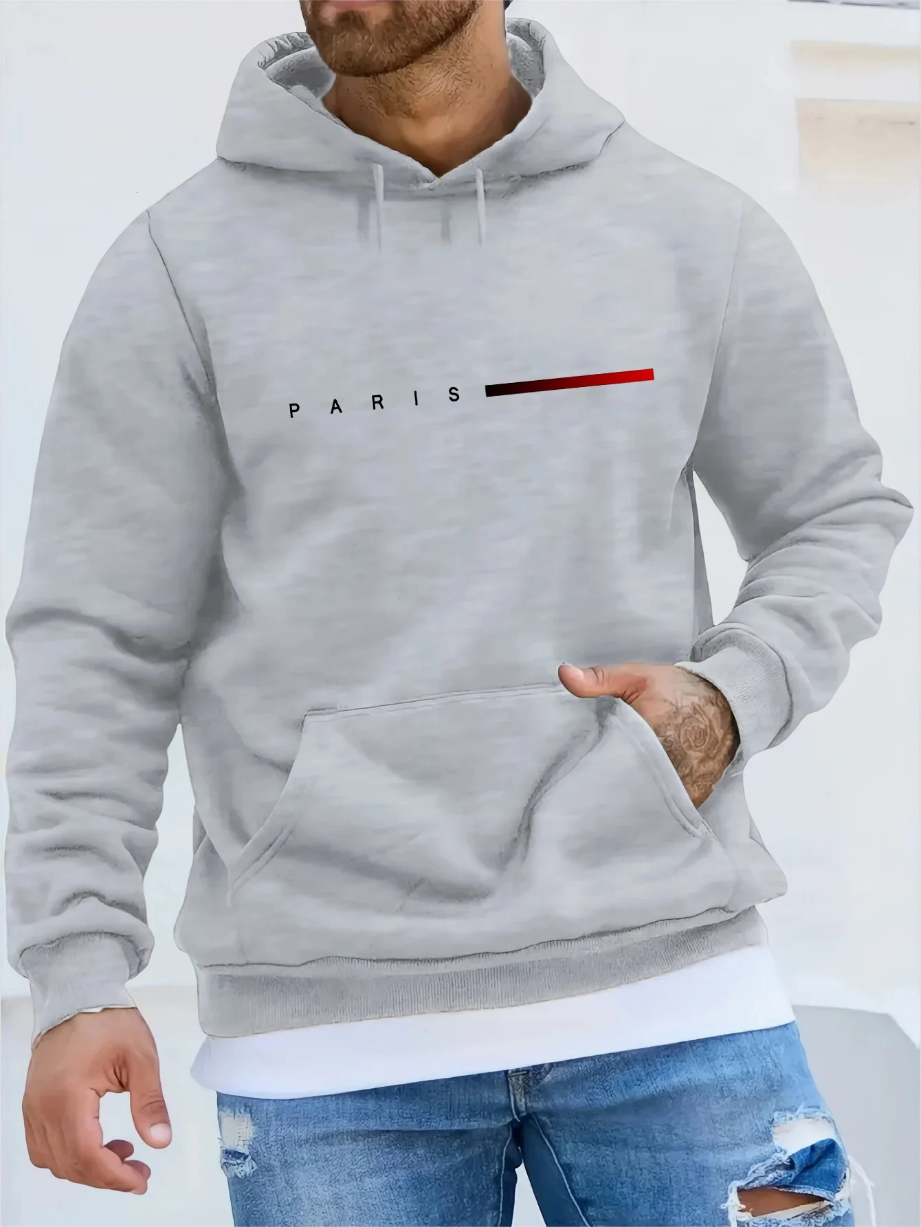 Mens autumn and winter casual fashion loose plus size Paris letter printed fleece warm pullover long sleeved hooded sweatshirt 250807