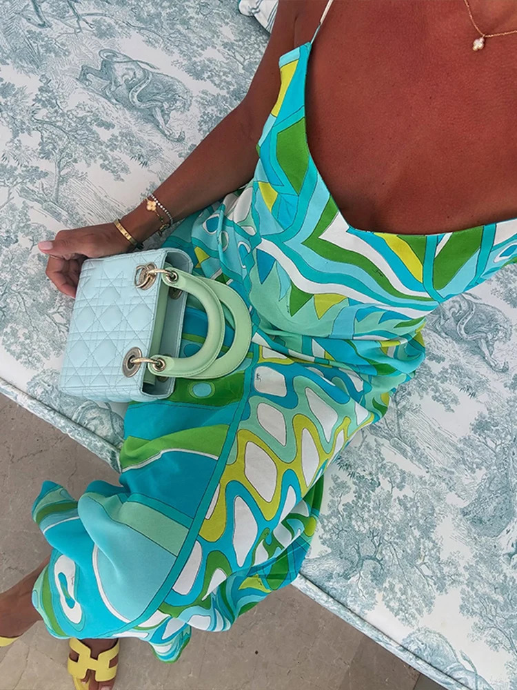 Chic Print Sling Long Dress Women Sleevless Backless Side Split Party Dresses 2025 Summer Street Beach Lady Ankle-length Robes 250806