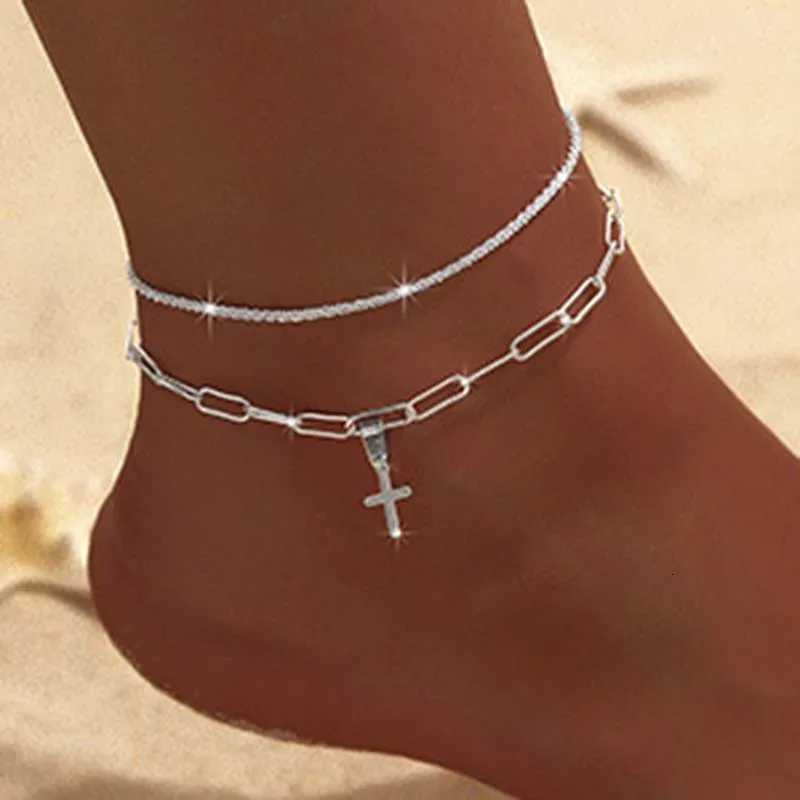 Sparkling Thin Chain Anklet For Women Zircon Heart Cross Pendant Double Layer On Leg Foot Trendy Summer Beach Jewelry Y250805