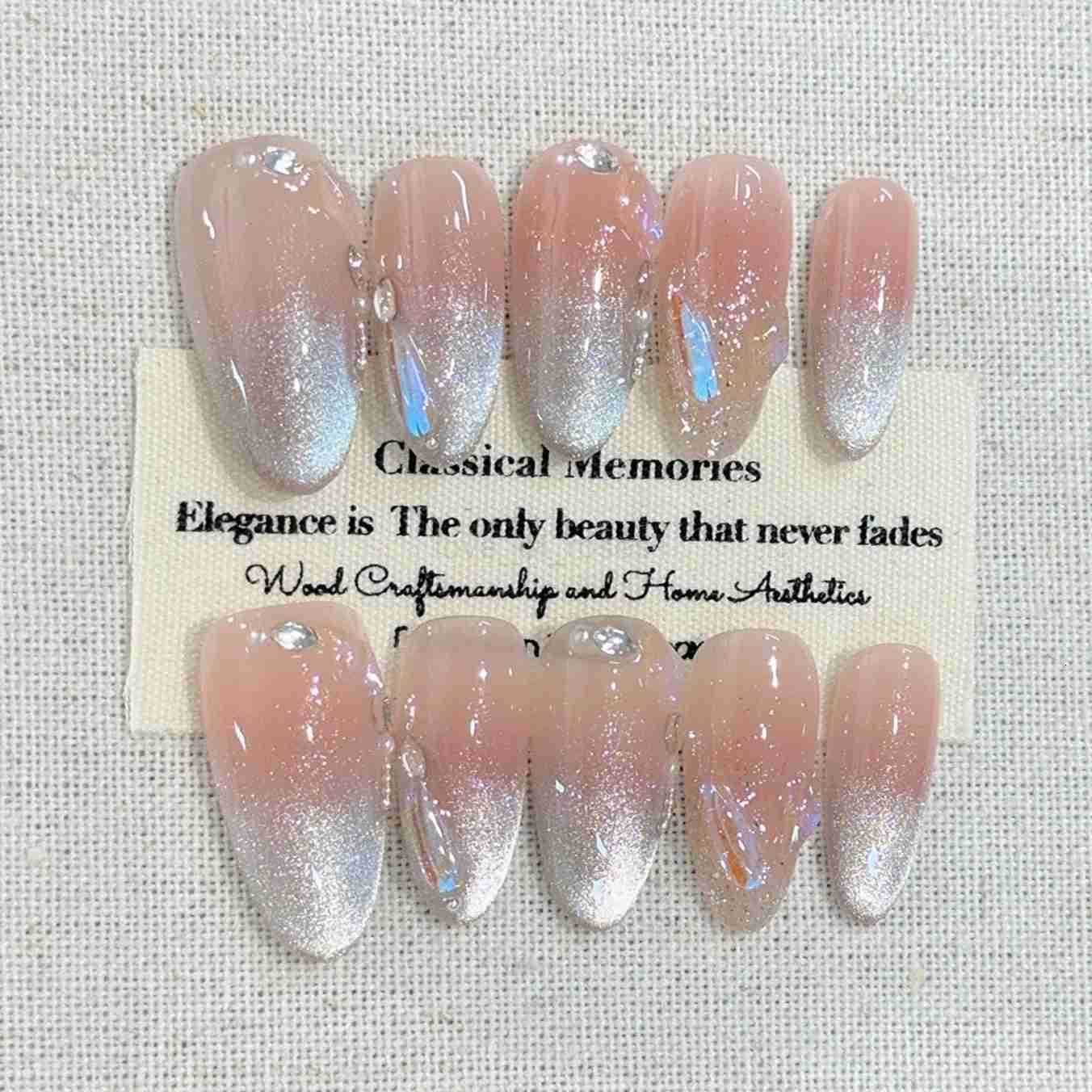 10Pcs Pink Blush Press-on False Nails with Mermaid Shell Cat Eye Sparkling Dreamy Nail Patch Wearing Finished Acrylic Fake Nail Z250807