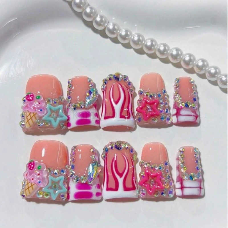 10Pcs Summer Trendy Handmade Duck Y2k Press-on Nails French Pink Sparkling Rhinestone Star Design False Short Nail Tips M250807