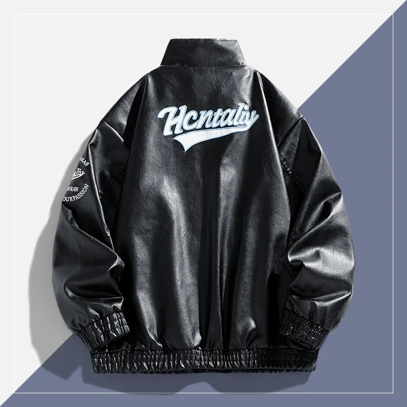 Spring and autumn ruffian handsome jacket mens leather jacket mens coat contrast color racing suit Hong Kong style jacket men 250805