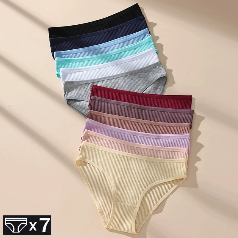 7Pcs Panties Striped Briefs for Women LowRise Breathable Cotton Female Soft Underwear Solid Colors Ladies Underpants 250807