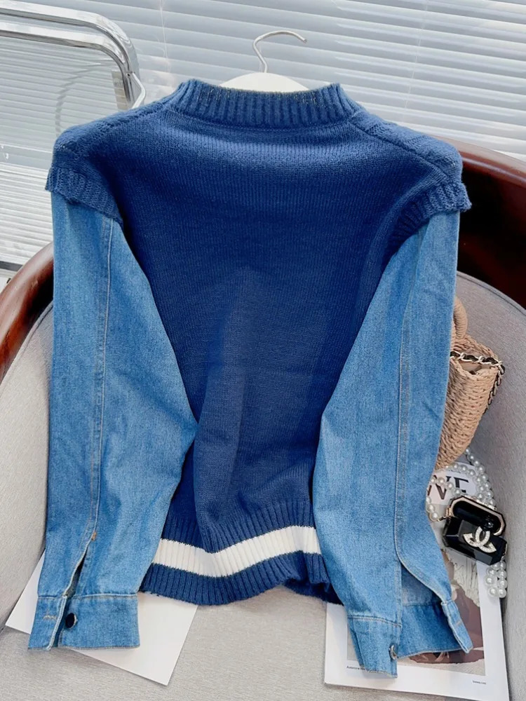 Denim Patchwork Sleeves Sweater Womens Autumn Spring Loose Korean Version Letter Ins Casual 250728