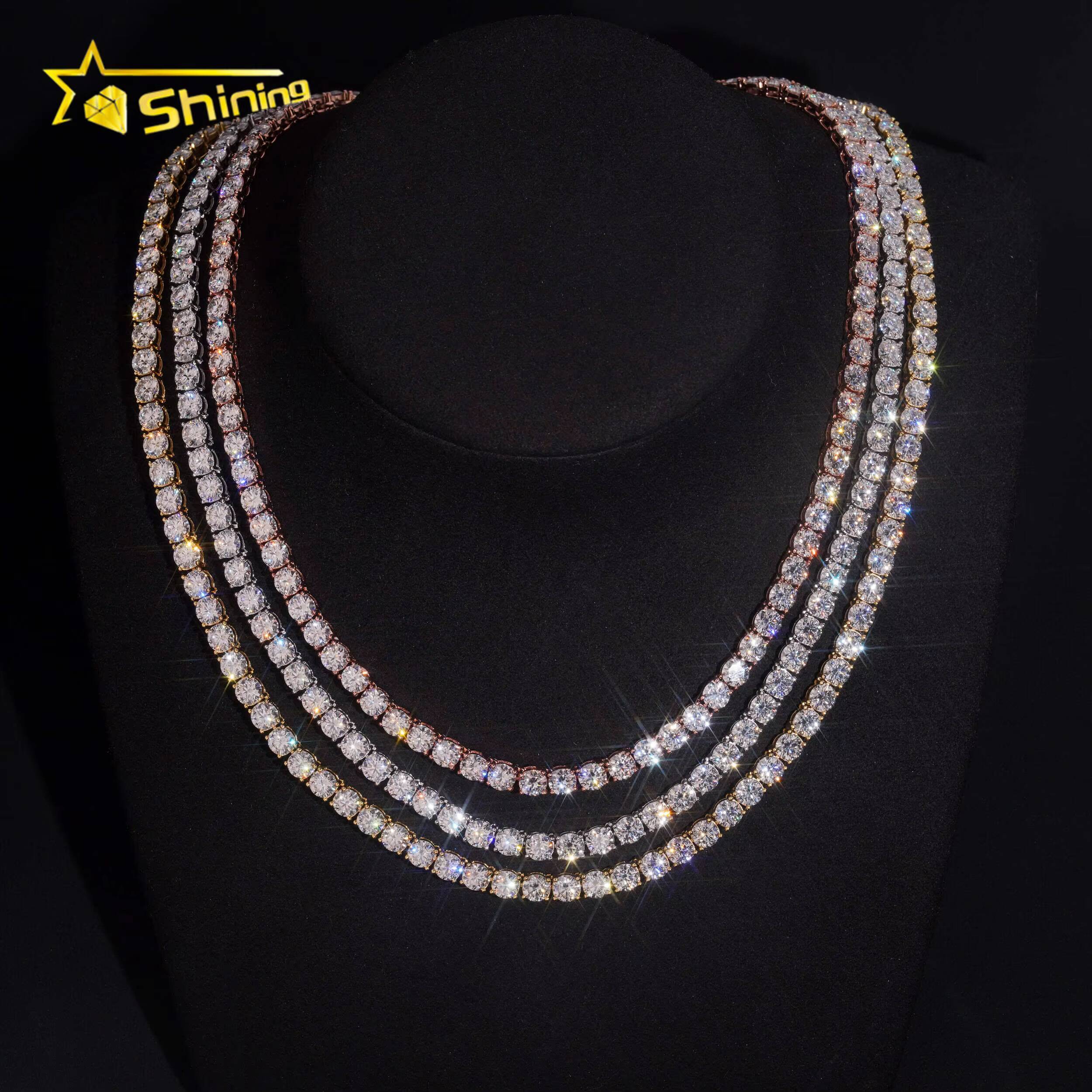 Hot Sale Cheapest Tennis Chain VVS Moissanite 925 Sterling Silver Gold Plated Pass Diamonds Test Sparkling Tennis Necklace RTS