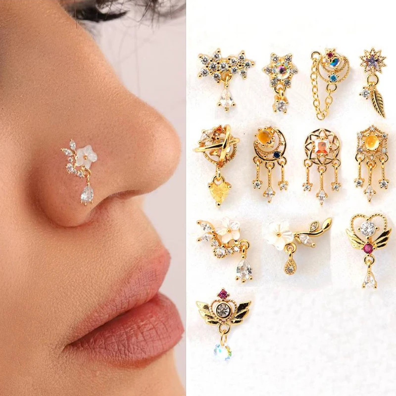 1Piece Fashion L Shaped Dangle Nose Studs Piercing 20G Stainless Steel Flower Moon Tassels Zircon Nostril Screw Piercing Jewelry 250805