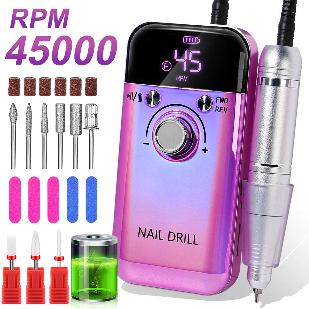 Professional 45000RPM Electric Portable Nail Drill Machine Rechargeable Low Noise Nail Sander File for Manicure Salon Tool 250807