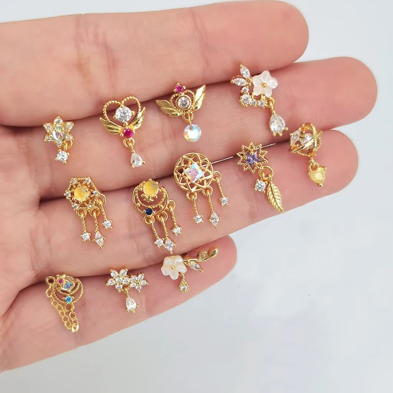 1Piece Fashion L Shaped Dangle Nose Studs Piercing 20G Stainless Steel Flower Moon Tassels Zircon Nostril Screw Piercing Jewelry 250805