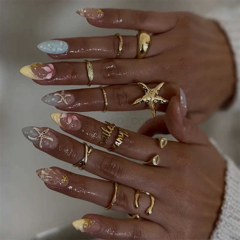 24pcs Mid-length Almond Press-on Nails Sets Wearable Gradient Pink Flower Pearl Design False Nails French Fake Nails Finished Tips M250807