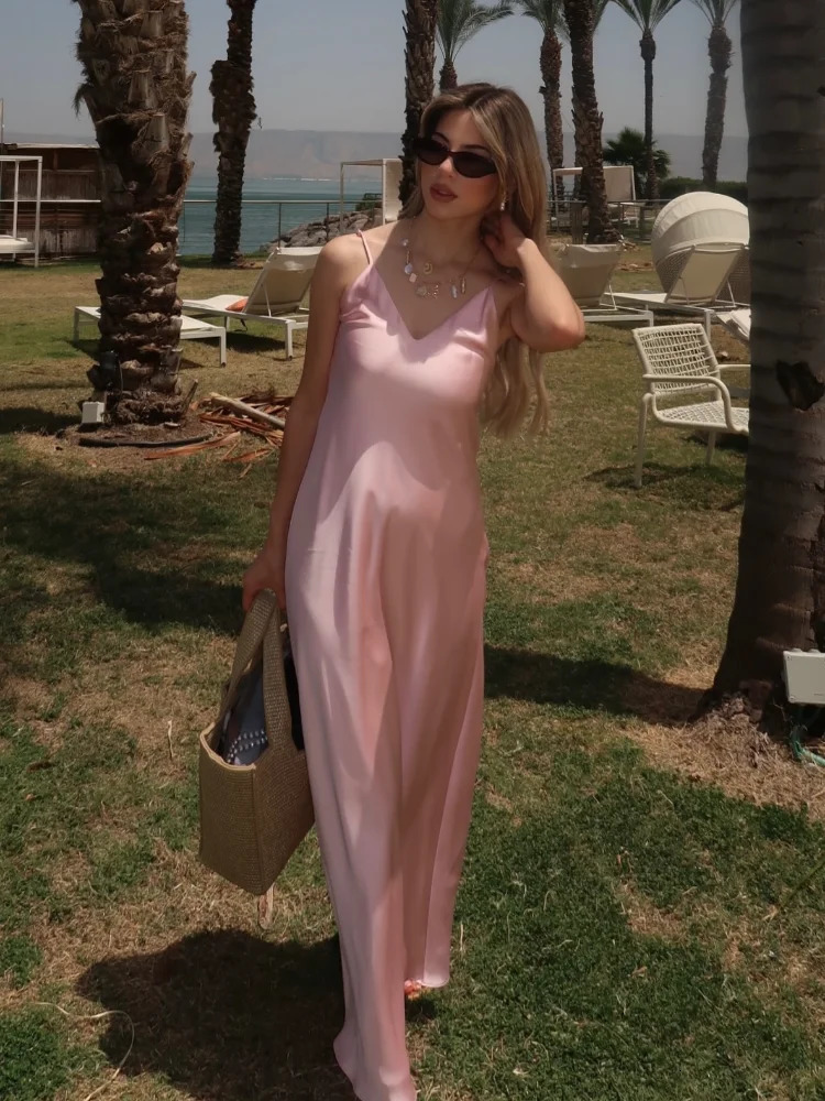 Women Off Shoulder Pink Satin Maxi Dresses Fashion Sleeveless Backless Bodycon Hollow Out Gowns Female Evening Party Robes 2025 250806