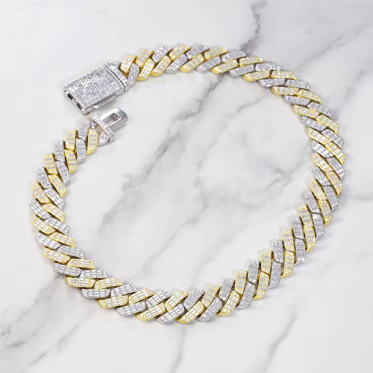 Fashion 2 Tone Yellow and White Sterling Silver 925 VVS Moissanite GRA Certificate Cuban Link Chain for Men