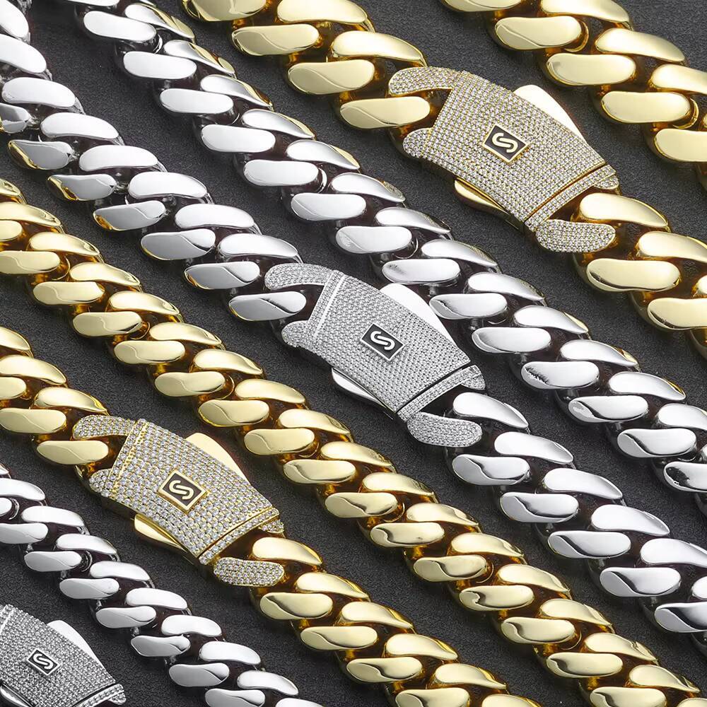 6/8/10mm Iced Diamond Clasp Flat Miami Cuban Link Chain 14K Gold Plated Thick Solid Cuban Link Chain Hip Hop Jewelry Men