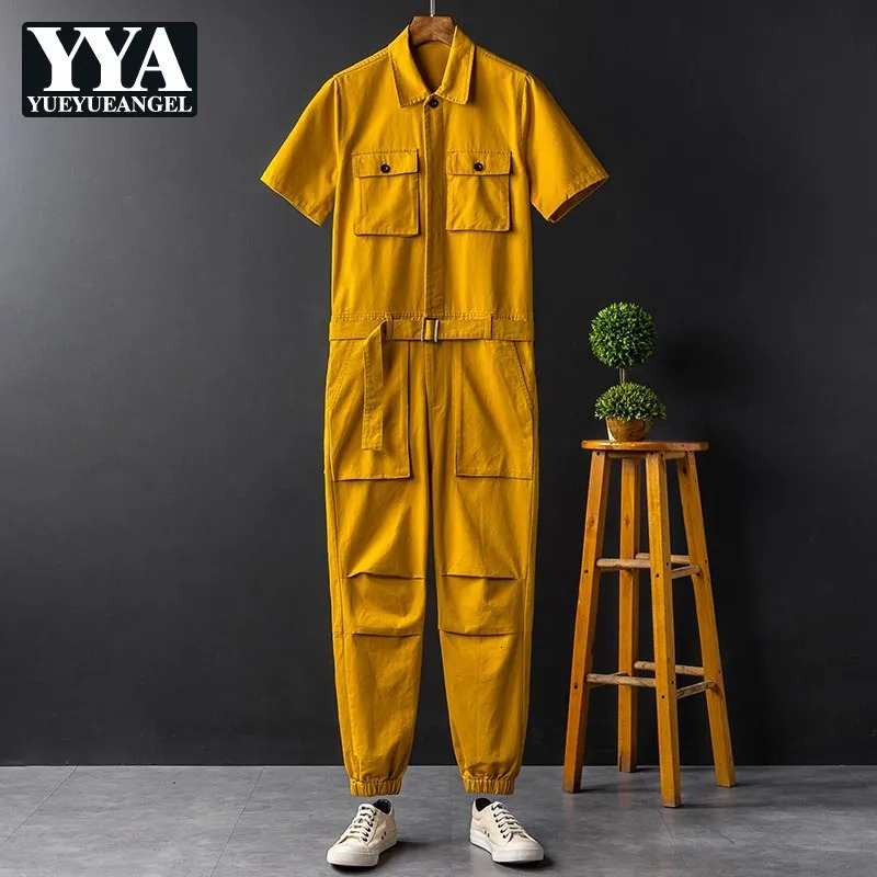 Summer Solid Short Sleeve Pockets Mens Jumpsuits Casual Full Length Pants Costumes Loose Unisex Fashion Cargo Overalls 250804