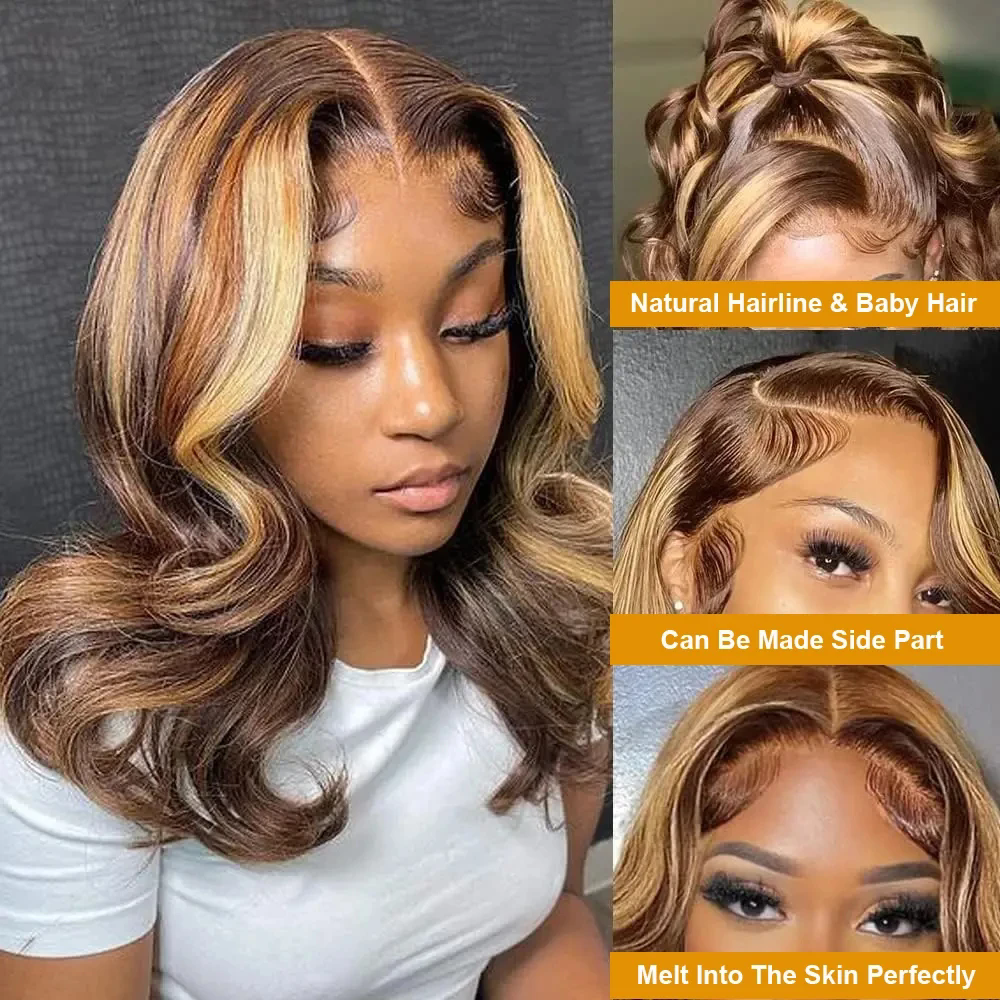 Highlight Body Wave Bob Wig Human Hair Transparent HD Lace Front Human Hair Wigs For Women Honey Blonde Transparent Lace Frontal Wig