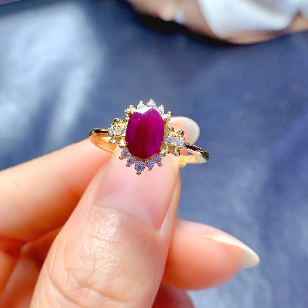 Genuine Ruby Ring with side stones 5mm*7mm 0.7ct Natural Ruby 925 Silver Jewelry July birthstone ring for women