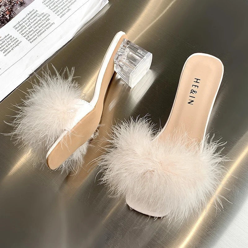 Fashion Slippers Womens Summer Open Toe Plush Fox Fur Chunky with Flip Flops Sexy Home Banquet Square Toe Simple Pumps 250805