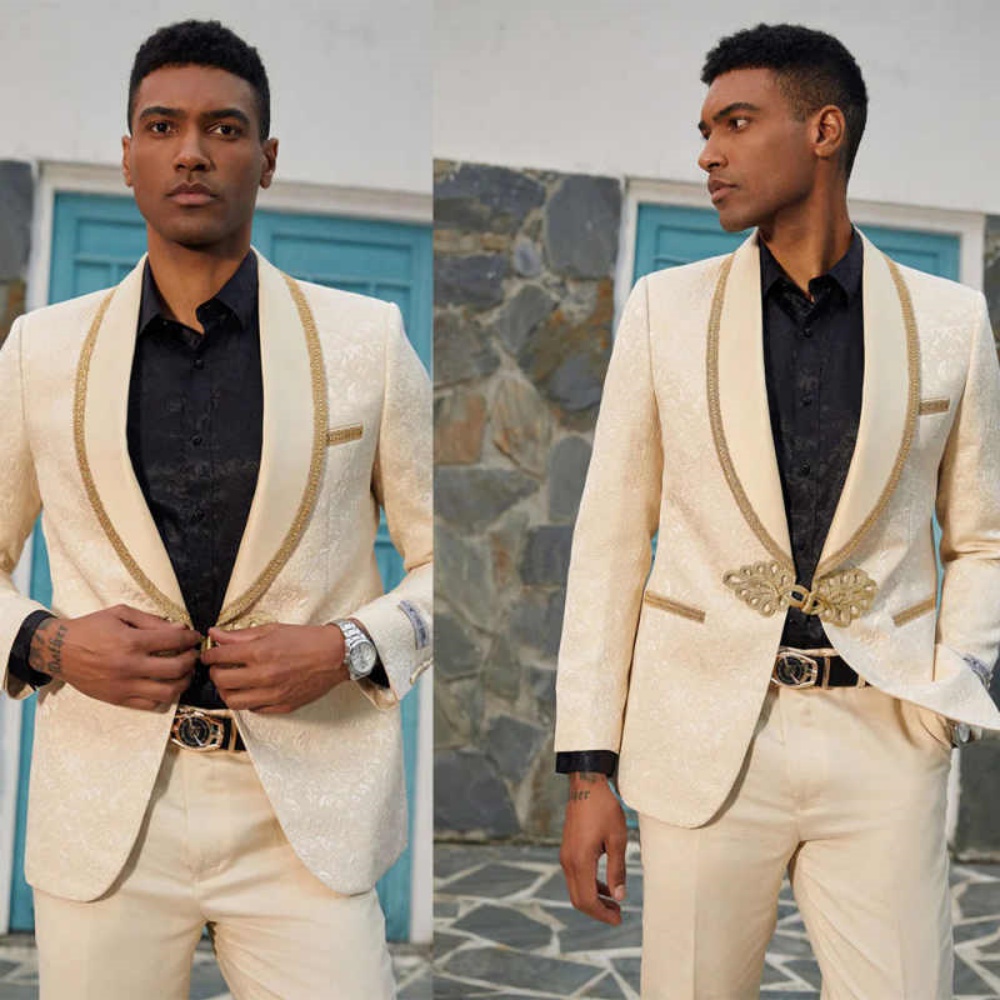 Elegant Men Suits 2 Piece Jacket Pants Shawl Lapel Wedding Groom Tuxedos Wear Party Suit Customized