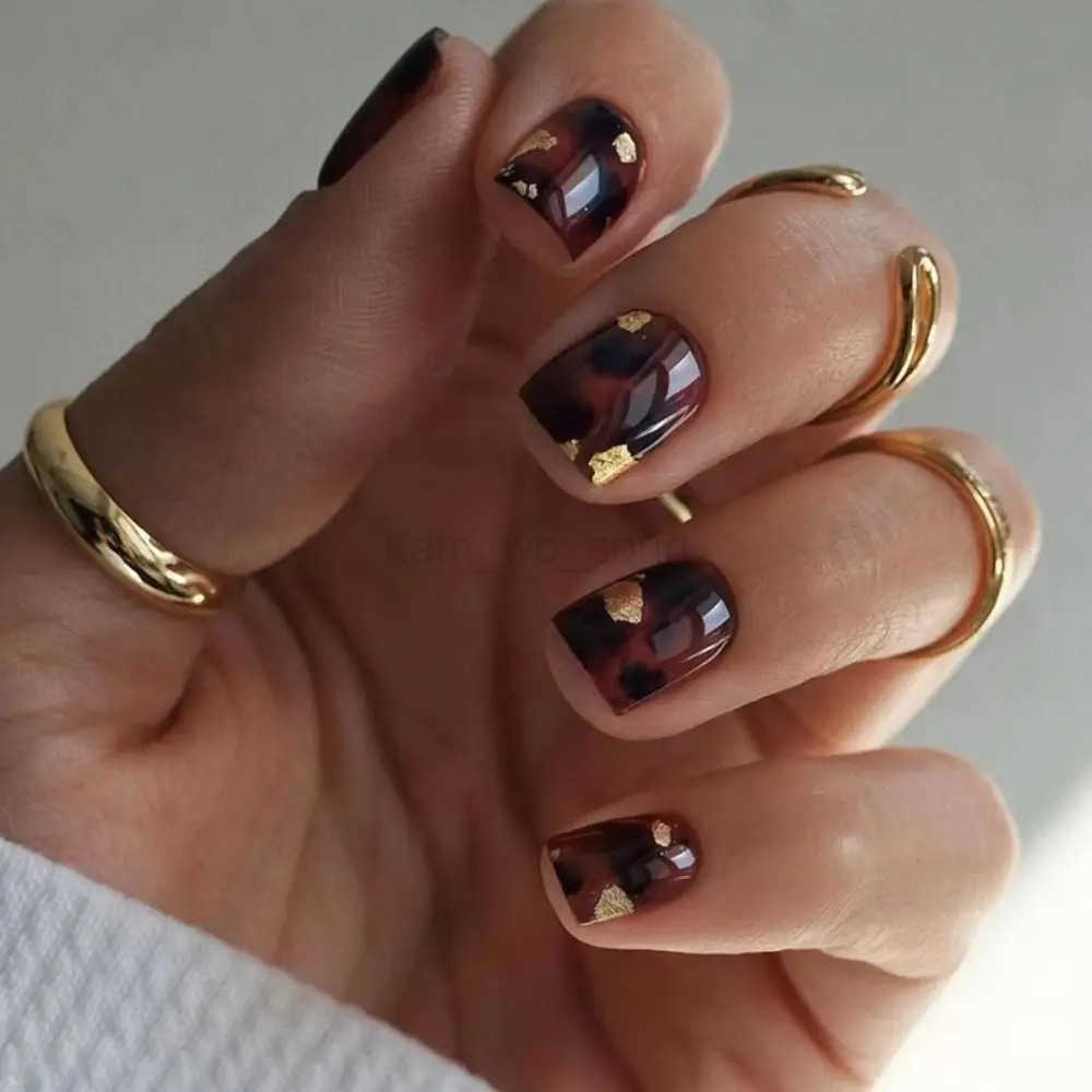 24pcs Short Round False Nails French Ballet Nail Little Bear Leaf Gold Slices Full Cover Detachable Press-on Nail Tips M250807