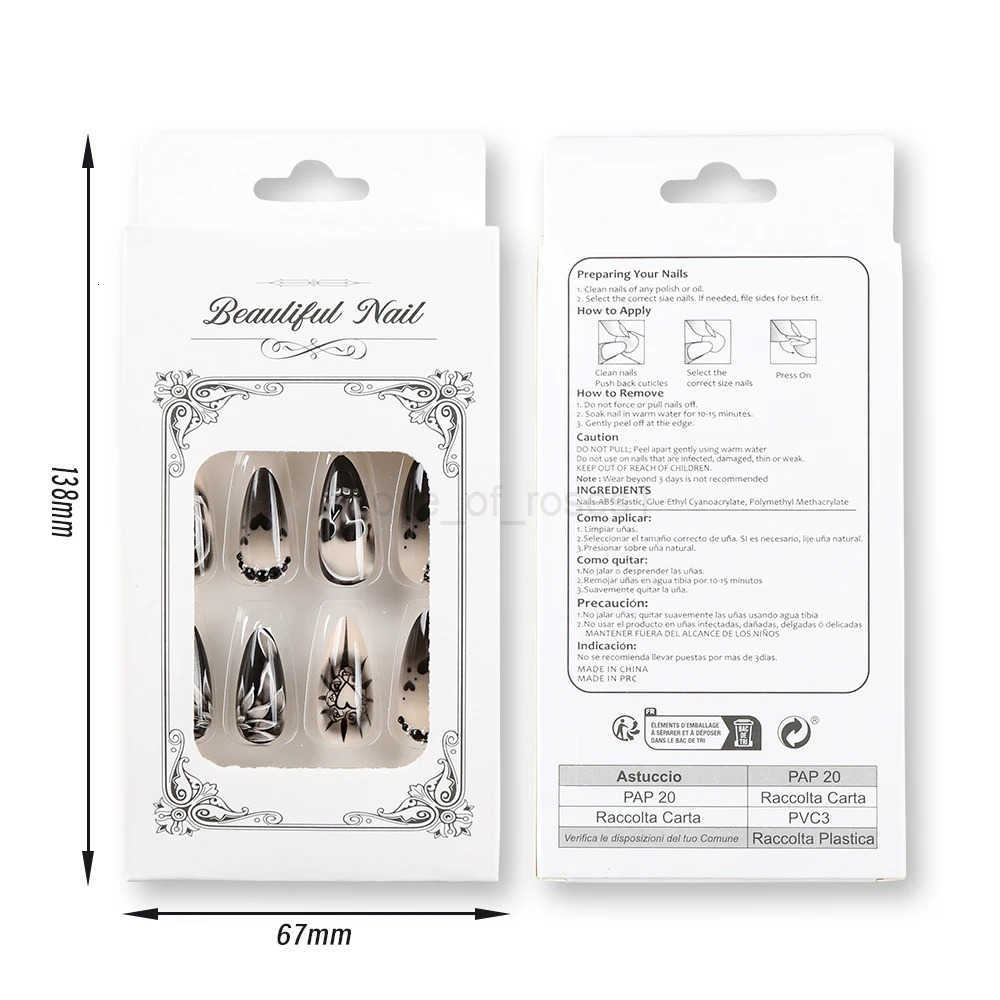 24Pcs Black Glossy Halloween Almond Fake Nails Gradient French Cool Press On Nails Rose/Heart/Skull Acrylic Wearable False Nails Z250807