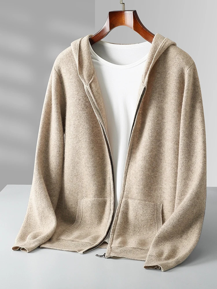 Men Cashmere Sweater Long Sleeve Hooded Pullover Autumn Winter Casual Loose 100% Merino Wool Knitwear Soft Comfy Clothing Tops 250804