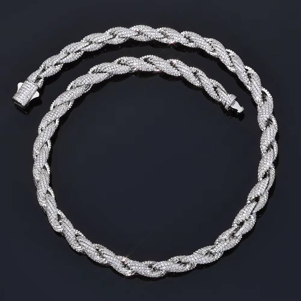 Mens Luxury Twisted Rope Chain Necklace 8/10mm Full Cubic Moissaniteia Iced Out Hip Hop Fine Jewelry