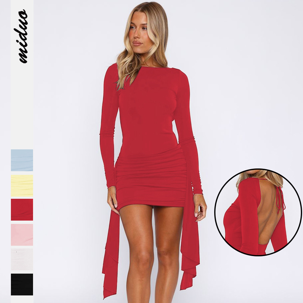 Women's Bodycon Short Solid Color Backless Lace-up Sexy Hem Ribbon Long Sleeve Dress Hot Sale