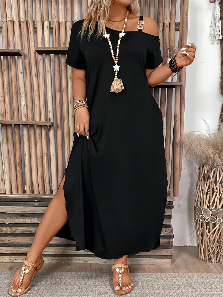 Plus Size Dress Elegant Slit Metal Buckle Single Shoulder Short Sleeve Big Womens Home Office Dating 250807