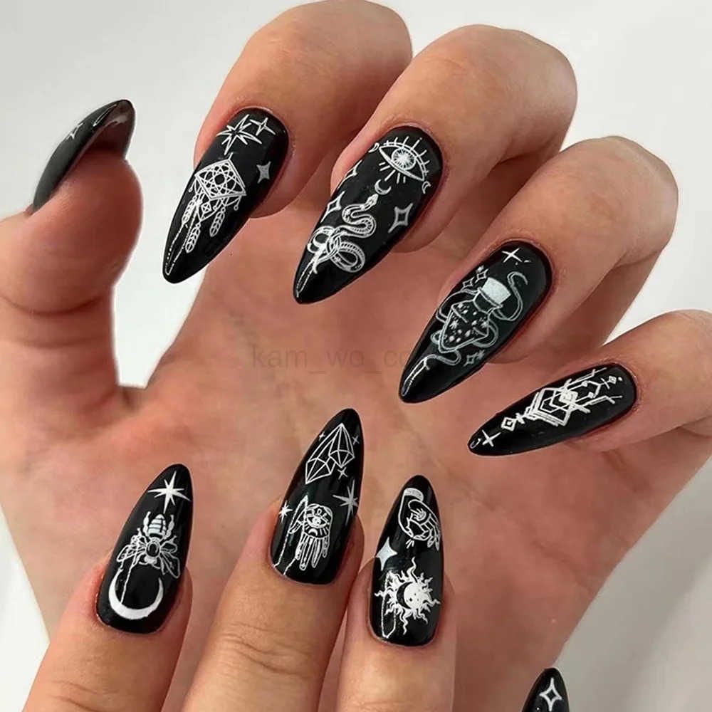 24PCS Dark Black Bat Medium Almond Stick on False Nails with Ghost Patterns 3D Relief French Fake Nails Halloween Wearable Nails M250807
