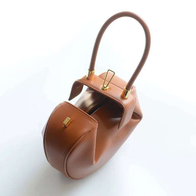 Elegant Genuine Cow Leather Women Round Dumpling Small Clutch Purse Evening Wrist Bag Ladies Top-Handle Handbag Classic Hobo