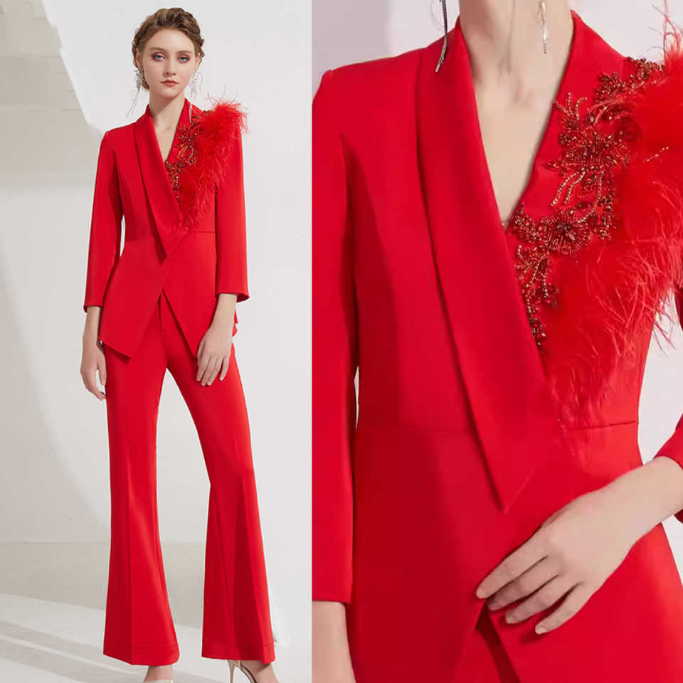 Gorgeous 2 Pieces Women Suits Customized Long Sleeve Beading Jacket Blazers Slim Fit Prom Wedding Evening Party Wear