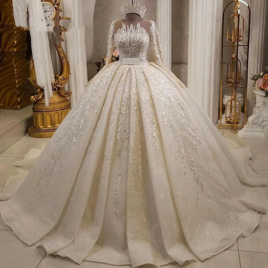 Ivory Gorgeous Ball Gown Wedding Dress Princess Long Sleeve Nude Neck Bridal Gowns Wedding Dress Custom Made Bridal Plus Size Vestidos De Novia