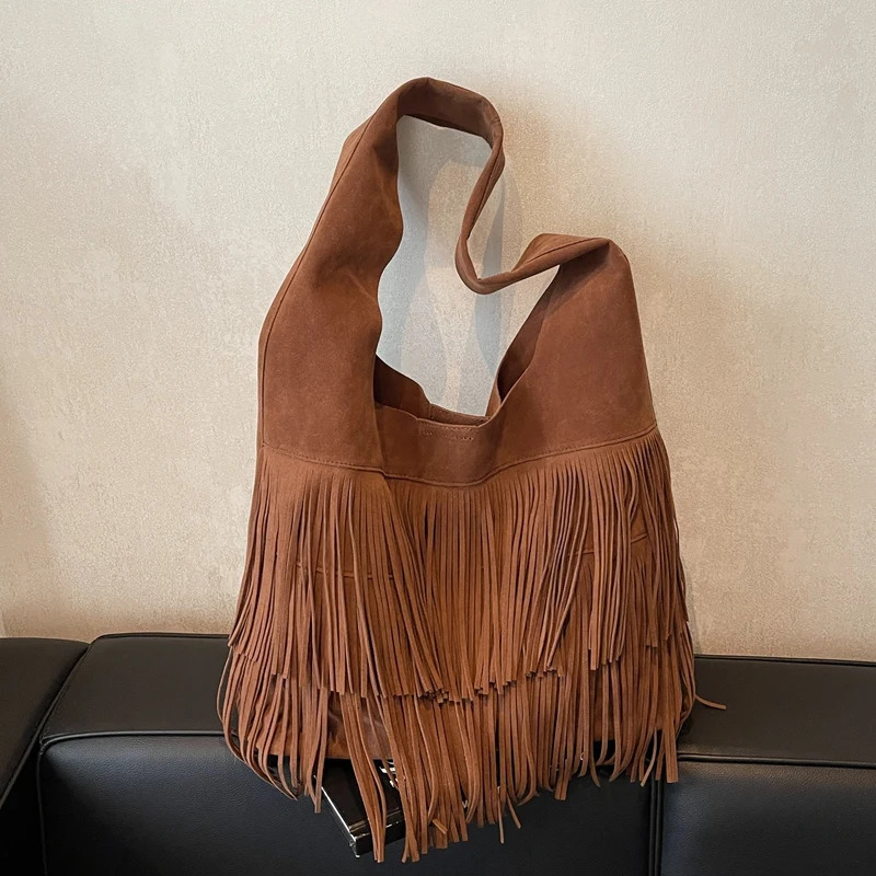 Women Frosted Tassel Shoulder Bag Faux Suede Fringe Underarm Bag Large Capacity Travel Tote Handbag Female Shopping Bag 250807