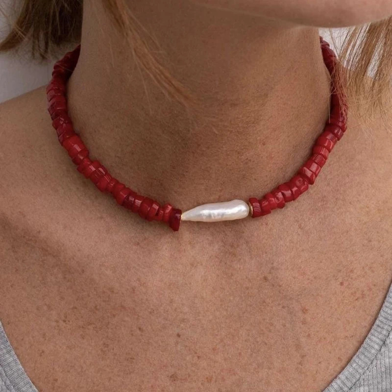 Vintage Natural Red Coral with Pearls Necklace for Her Bohemian Handmade Jewelry Beach Gift 250730