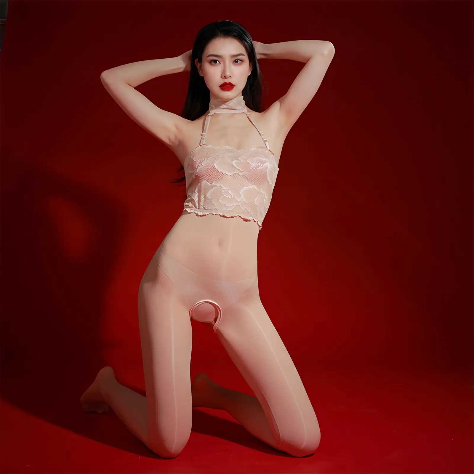 5D Thin Neck Strap Suspender Oil Shiny Glossy Jumpsuit Lingerie Lace Splicing Open Crotch See Through Tights Bodysuit W250807