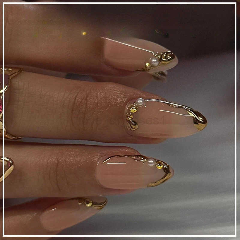 24Pcs Metallic Cat Eye French Sheer Manicure Tip Art Textured 3D Acrylic False Nails Nude Pink Almond Medium Press-on Fake Nails Z250807