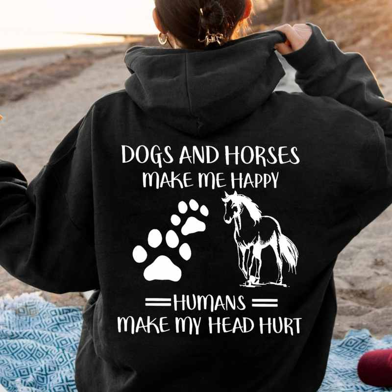 Ladies casual hoodie, dog and horse pattern drawstring hat, long-sleeved scratch hoodie