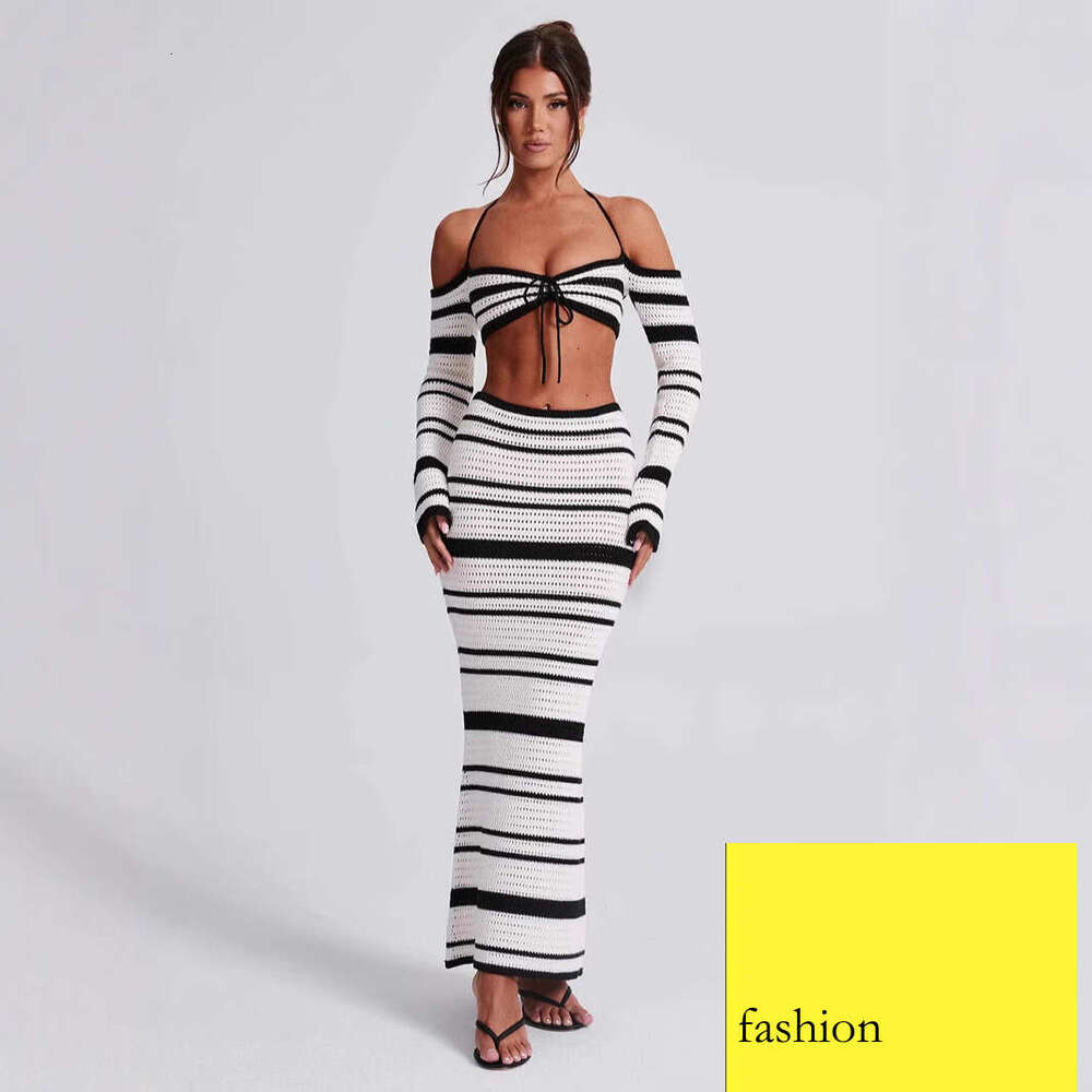 New Style Hot Girl Women's Outfit Summer Striped Long Sleeve Halter Top And Skirt Two-Piece Set For Women B5 h7