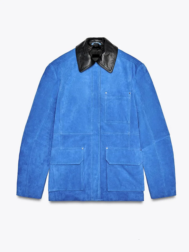 Suede Blue Contrst Color Womens Jacket Single Breasted Lapel Full Sleeves Pocket Coats Spring Lady High Street Outwear Top 250805