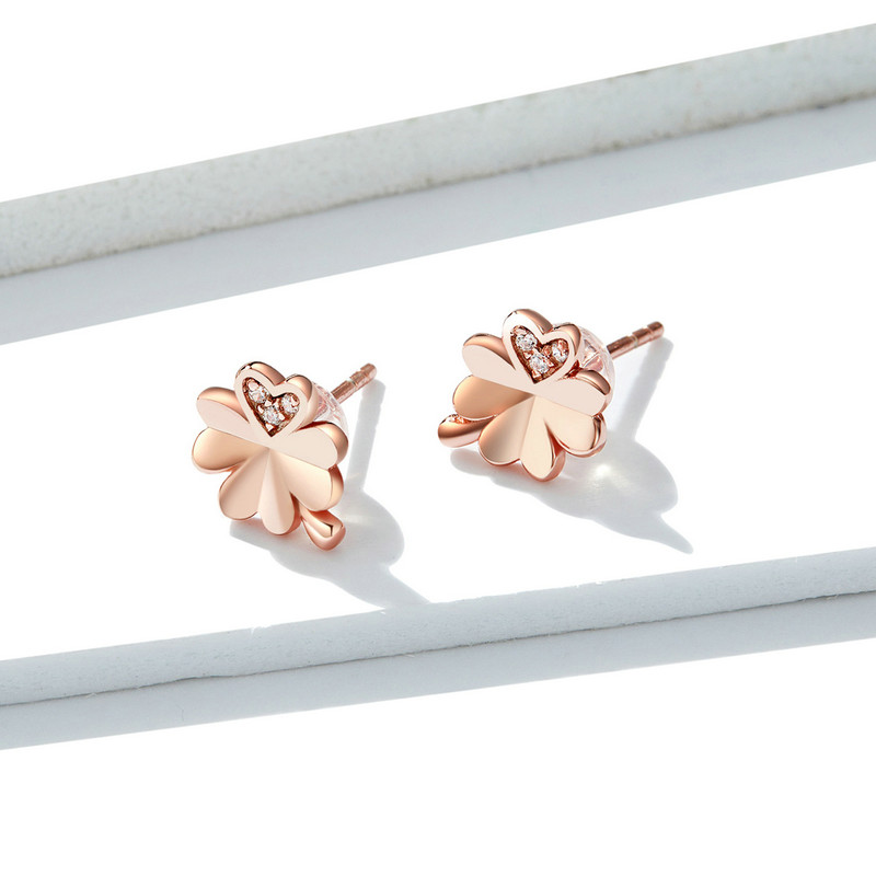 Bamoer Original Four-leaf Clover Stud Earrings S925 Sterling Silver Rose Gold Plated Earrings Plant Personality Fashionable Silver Earrings