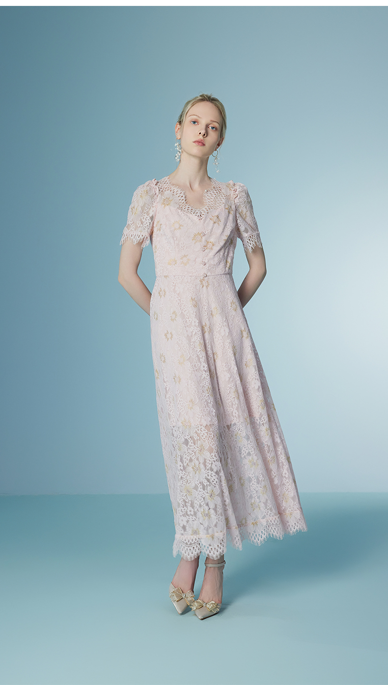 Womens Elegant Pink Floral Lace Dress Short Sleeve V Neck Double Layer Gothic Midi Party Guest Casual Dress 6116210