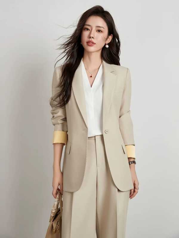Fashion Women Suits 2 Piece Blazer Pants Loose Peak Lapel Long Sleeves One Button Business Office Women Customized