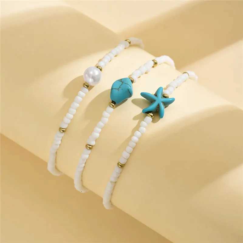 3pcs/set Irregular Turquoise Starfish Anklets for Women Rainbow Beads Pearl Pendant Foot Chains Beach Jewelry Summer Accessories Y250805