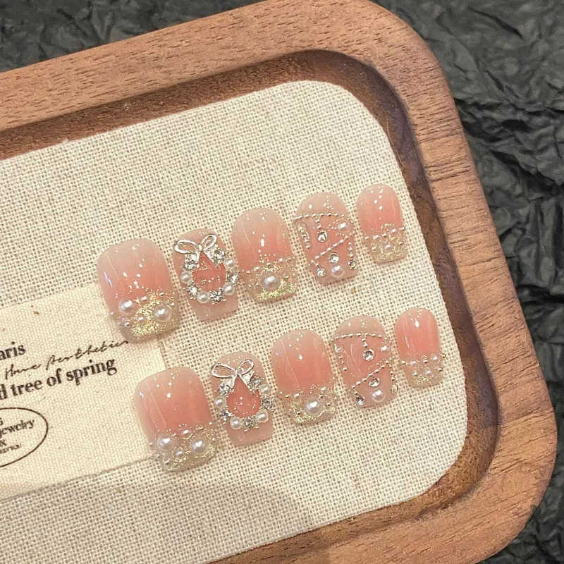 10Pcs Pink Handmade Press on Nails Fake Nails with Pearl Design Wearable Stick-on Nails Full Cover False Nail Uas Postizas Nail Tips M250807