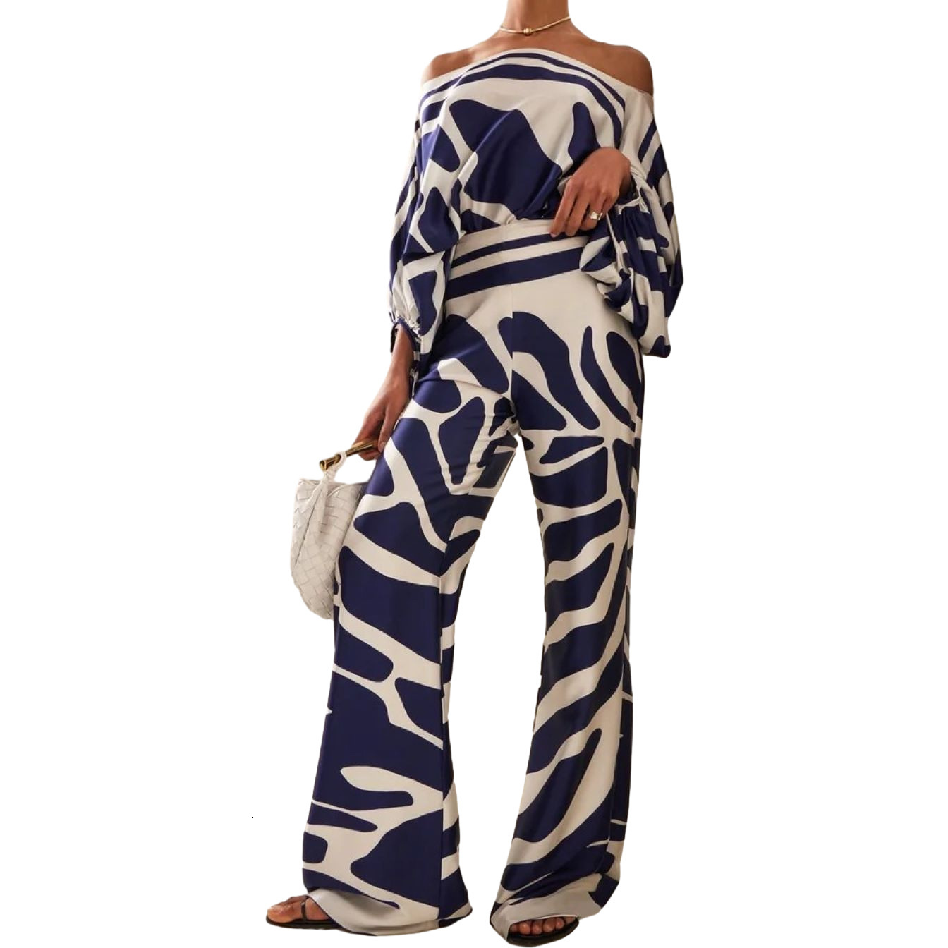 D9713 Womens Fashion Casual Satin Print Loose Off-Shoulder Top and Pants Two-Piece Set