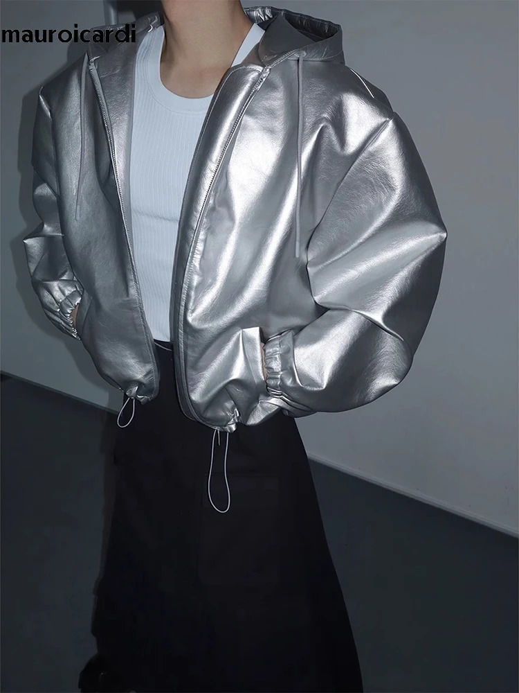 Mauroicardi Autumn Winter Oversized Cool Waterproof Silver Pu Leather Jacket Men with Hood Zipper Y2K Streetwear 250805