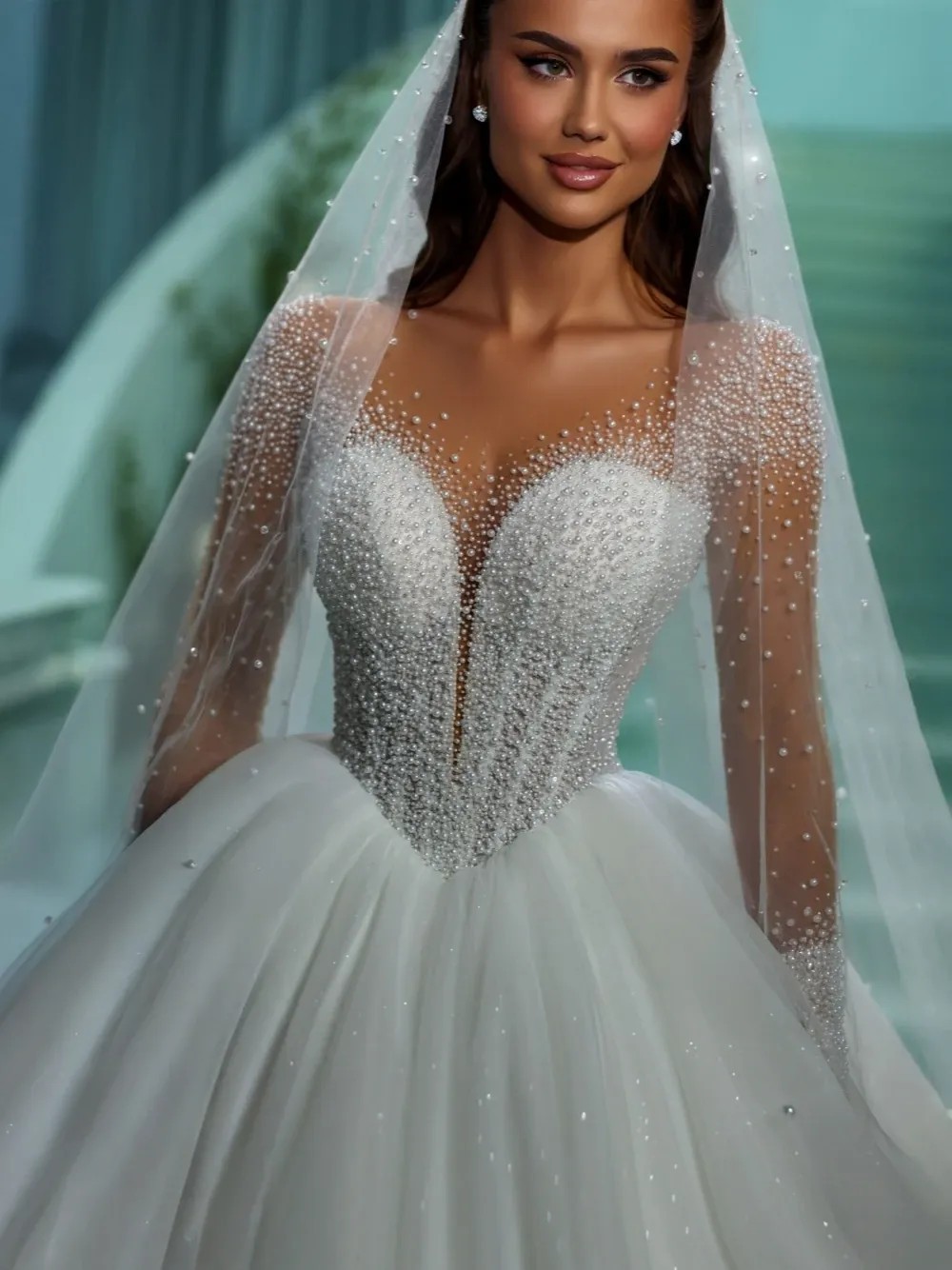 Luxury A Line Wedding Dresses Pearls Bridal Gowns Sparkly Long Sleeves Brides Dresses Princess Custom Made Sweep Train Plus Size Vestido de novia