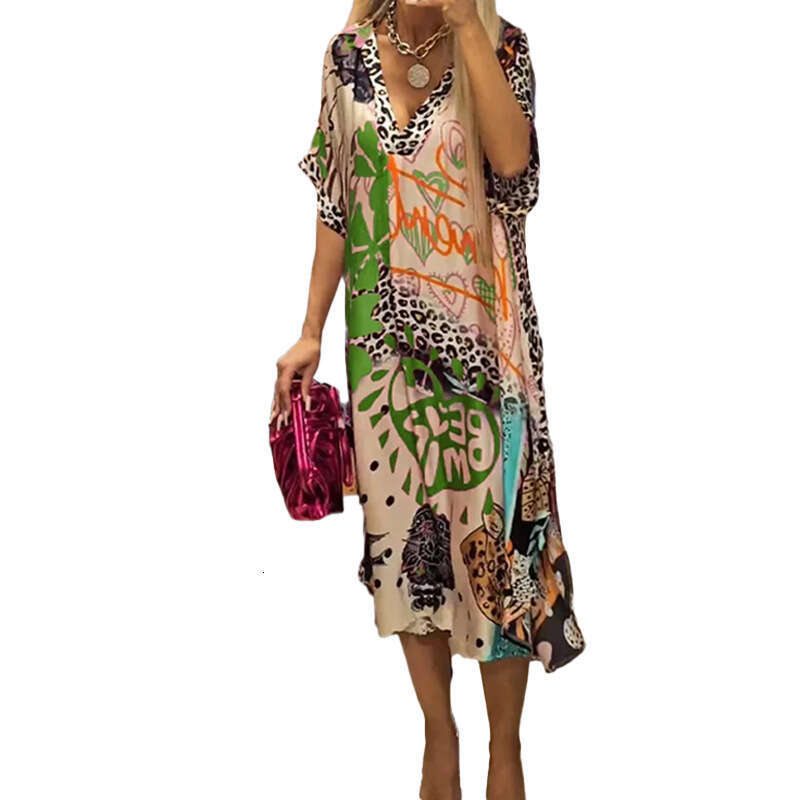 Women's Fashion Casual Leopard Print Colorful Floral Deep V-Neck Five-Sleeve Dress B5 h7