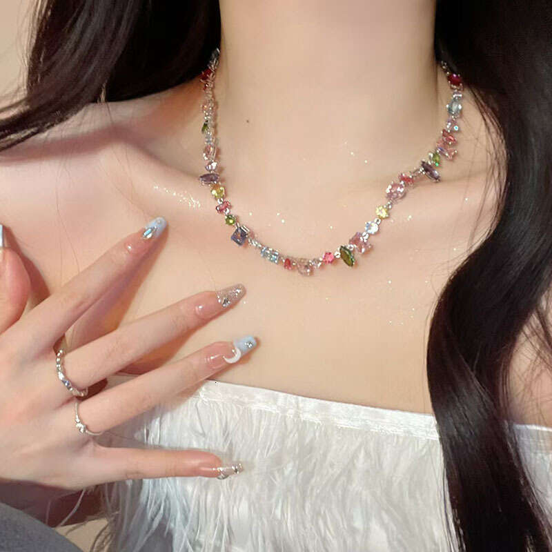 Sweet Style Candy Color Geometric Crystal Zircon Necklace Niche Girly Rainbow Choker Versatile Collarbone Chain Accessory