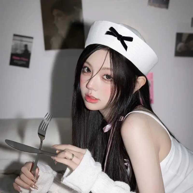 2K Sweet Pink White Bowknot Beret JK Beret Hat Sexy Dome Sailor Hat Korean Style Navy C Niche Flipped Nurse Cosplay Beret C XJ250807