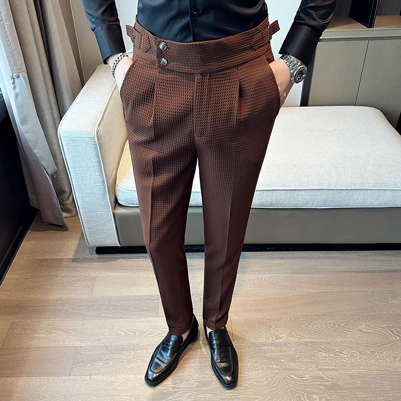 Top Brand Men Fashion Pantalones Hombre High Waist Waffle Business Casual Suit Pants Male Clothing Slim Fit Formal Wear Trousers